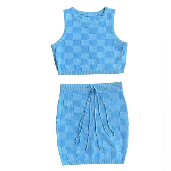 Other - 2 Piece Set Knit Blue Square Pattern Crop Top & Skirt Size Medium